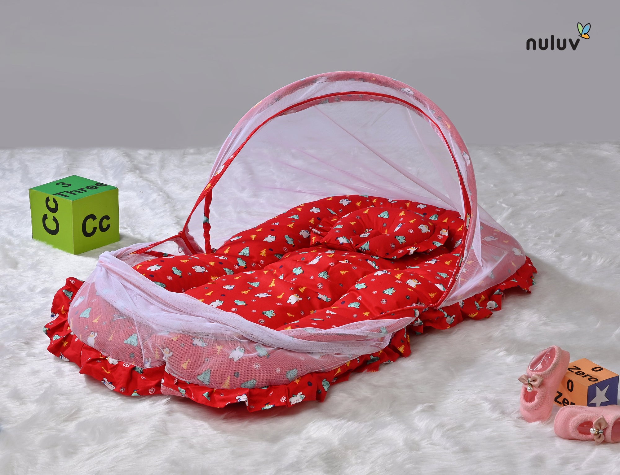 Red bed with Mosquito Net 100 % Organic Cotton with Antimicrobial Finish