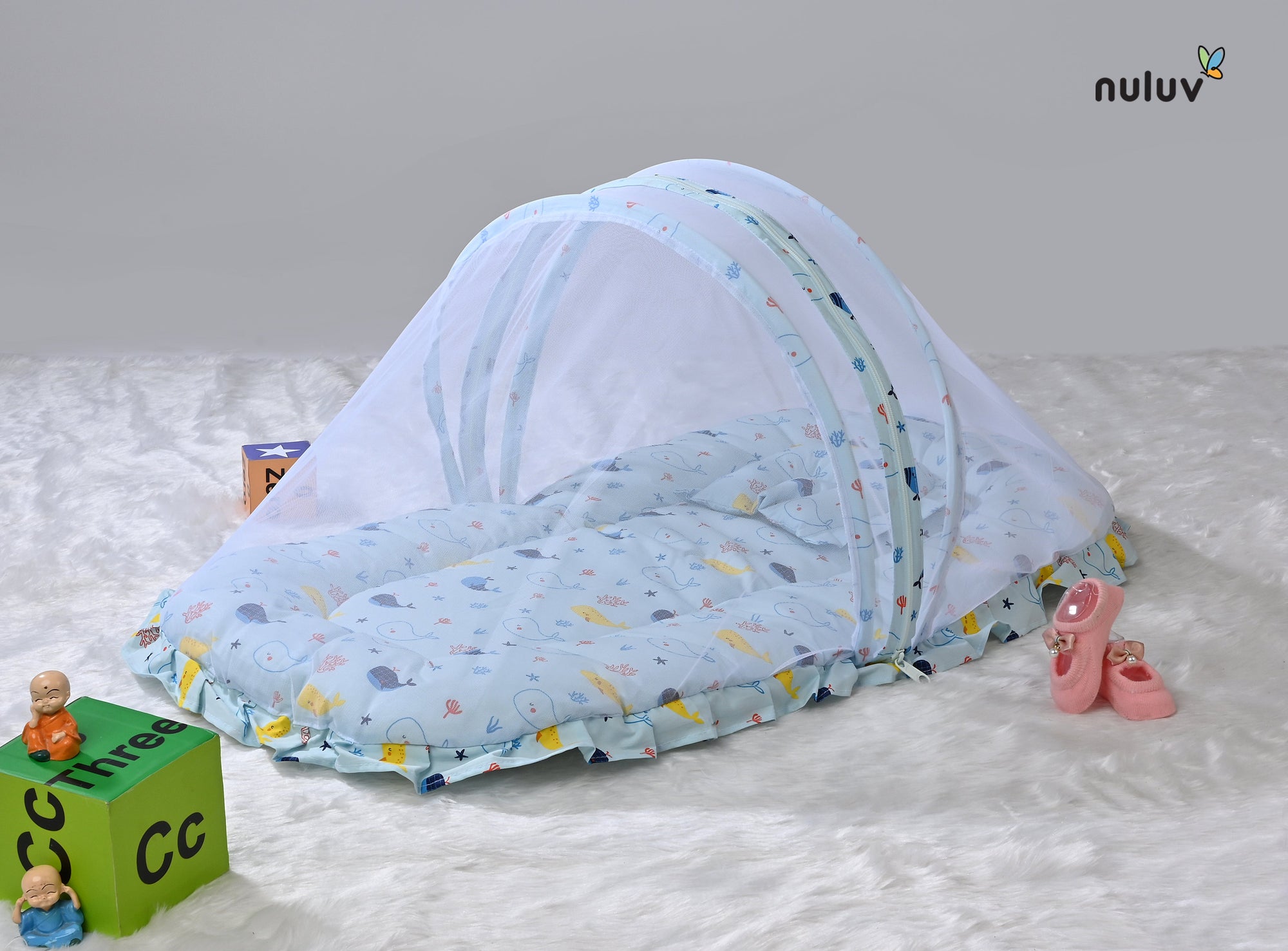 Nuluv Lt Blue bed with Mosquito Net 100 % Organic Cotton with Antimicrobial Finish