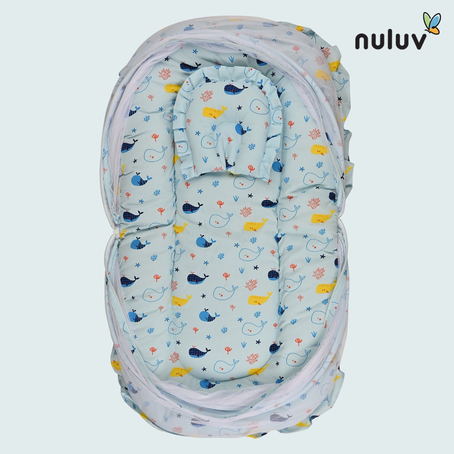 Nuluv Lt Blue bed with Mosquito Net 100 % Organic Cotton with Antimicrobial Finish