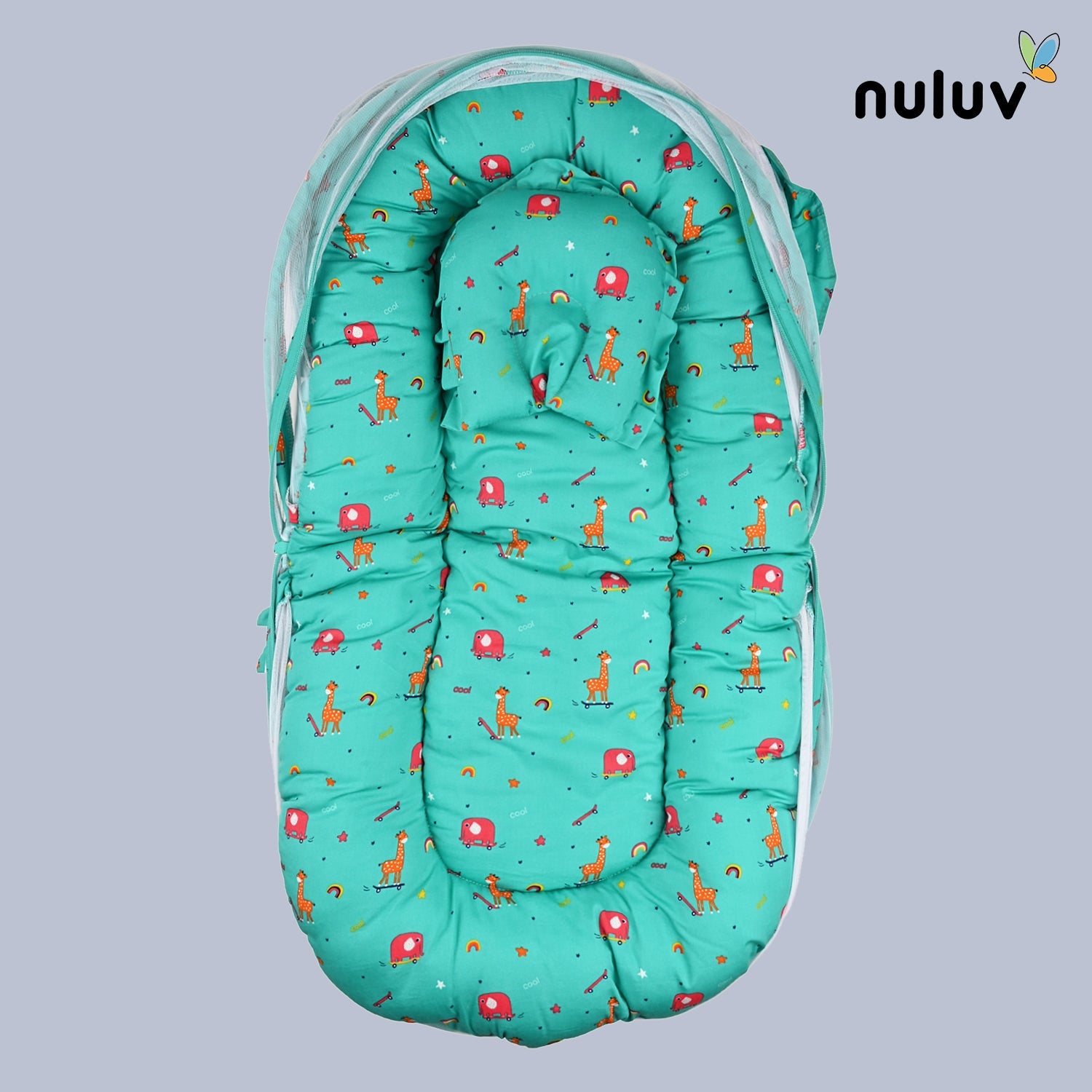 Nuluv Green Bed with Mosquito Net 100 % Organic Cotton with Antimicrobial Finish