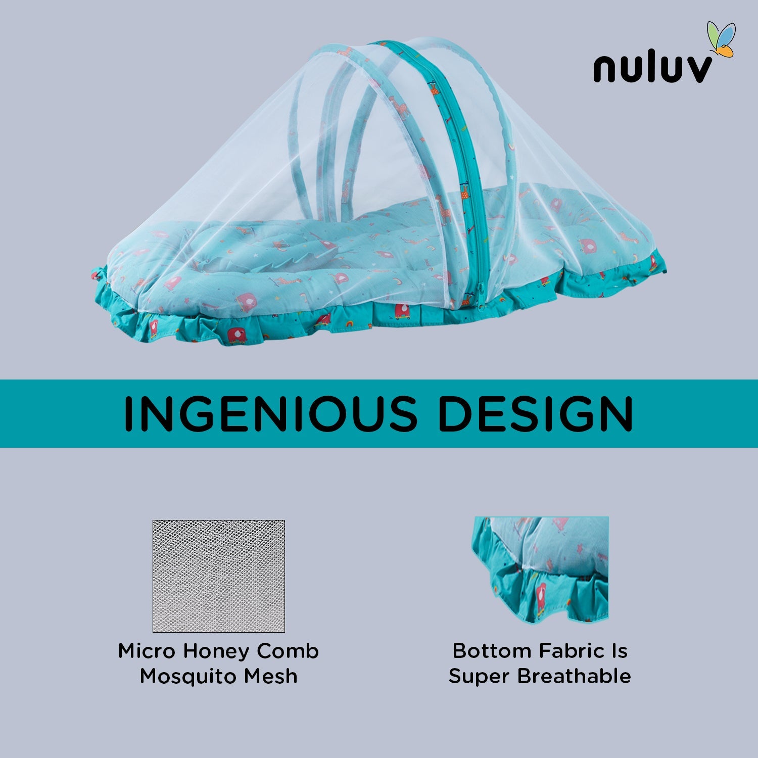 Nuluv Green Bed with Mosquito Net 100 % Organic Cotton with Antimicrobial Finish